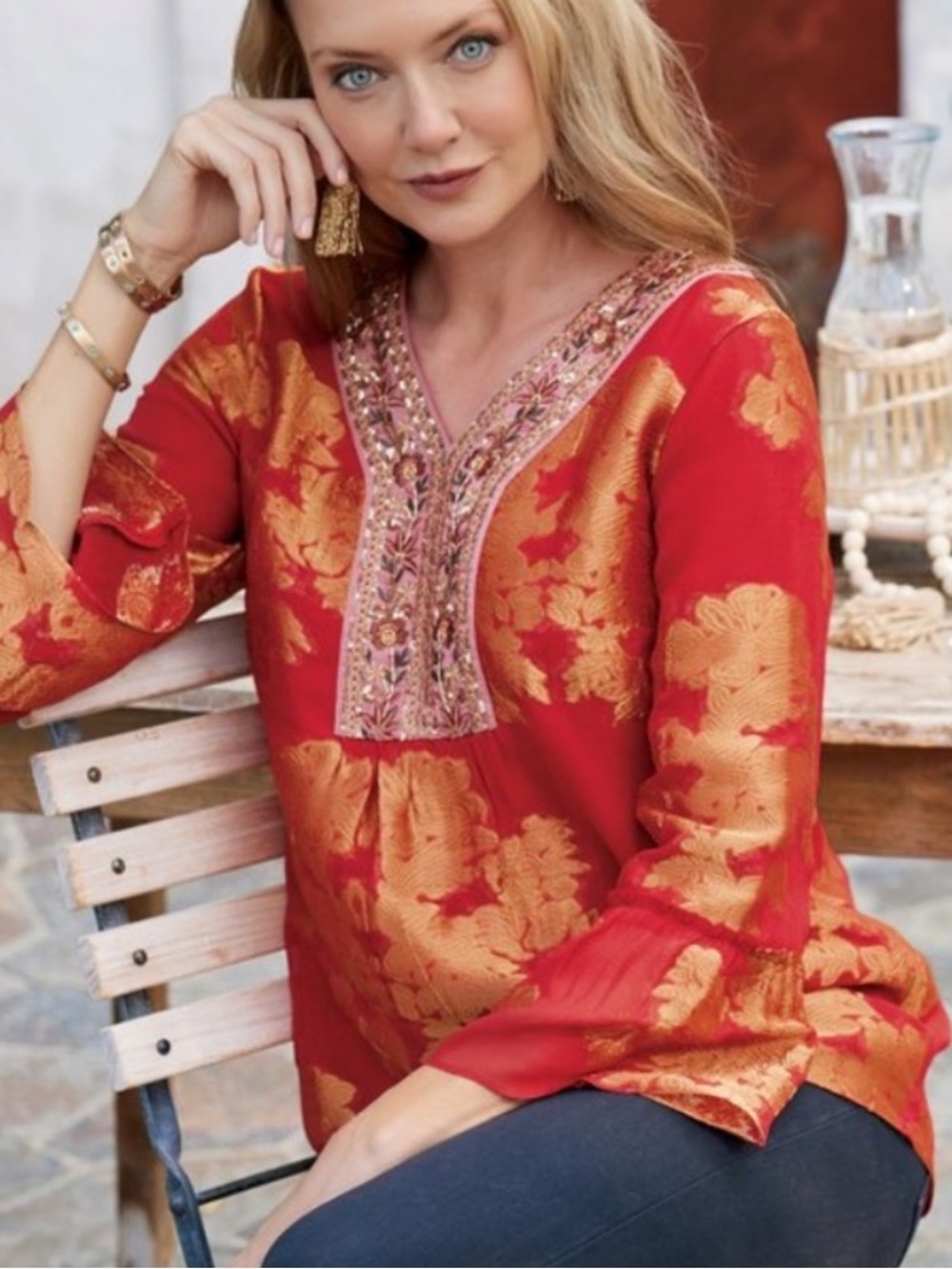 Soft Surroundings Bellflower Red Gold Metallic Embellished Tunic Top Size XS